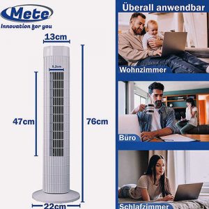 Energy efficiency class A+ 76cm nature friendly Tower Fan by Mete – 60° Swinging 76cm Tower Fan - 3 different speed orientation